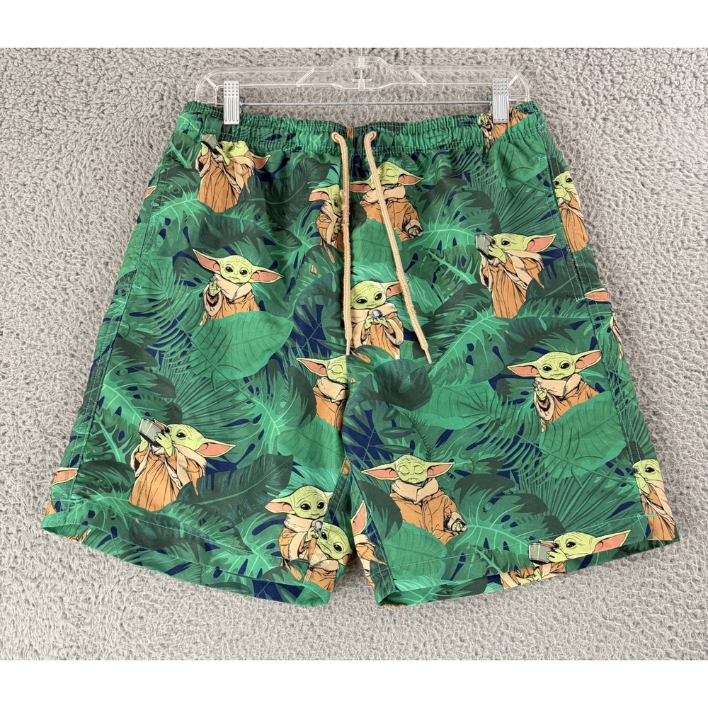 Star Wars Grogu Baby Yoda Swim Trunks Mens Medium Green Tropical Mandalorian